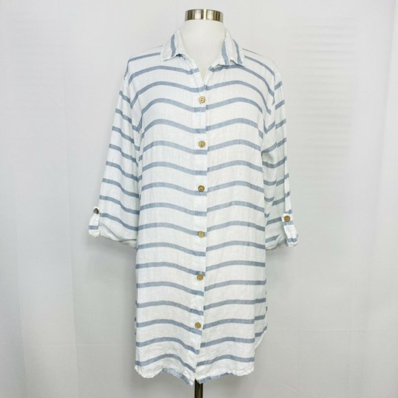 Viola Borghi Tops - Viola Borghi Italy Women’s M Top Tunic 100% Linen Striped White Gray Button #TT